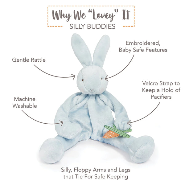 Caption view of Blue Bunny Silly Buddy Baby Toy