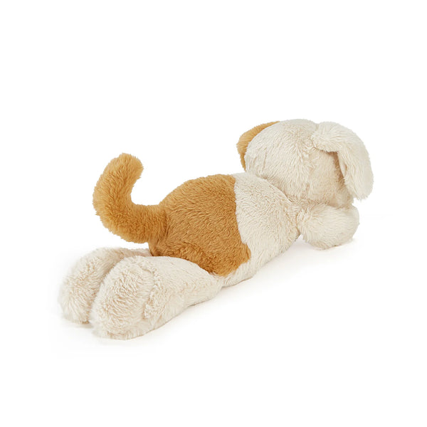 Back view cream plush toy puppy with tan curly tail