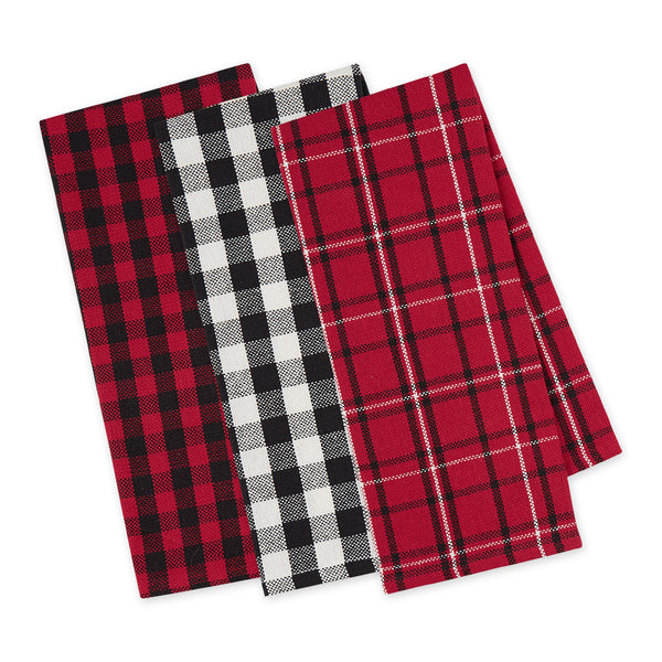 DII Winter Cabin Heavyweight Dishtowel Set of 3, in red & black Buffalo check, white & black buffalo check, and red, white, and black plaid