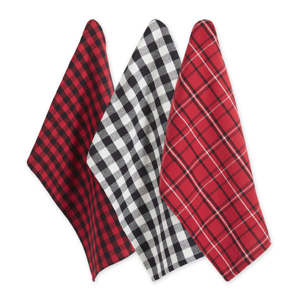 Draped view of DII Winter Cabin Heavyweight Dishtowel Set of 3, in red & black Buffalo check, white & black buffalo check, and red, white, and black plaid