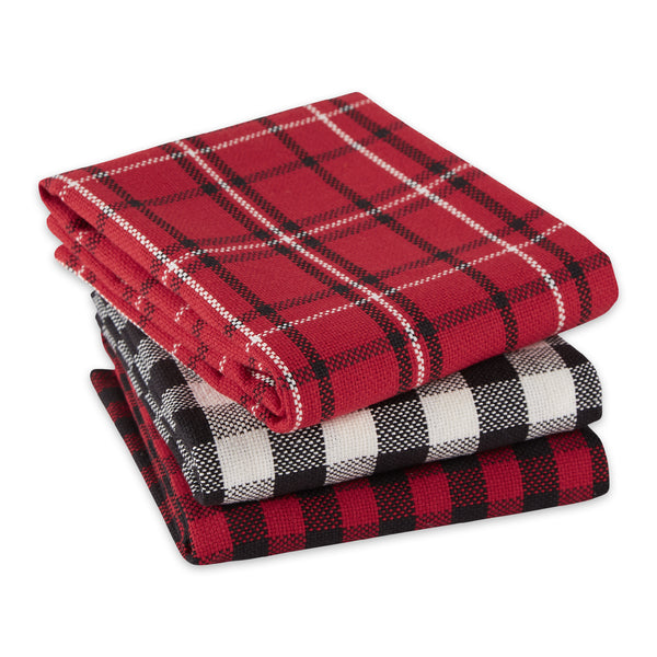 Stacked view of DII Winter Cabin Heavyweight Dishtowel Set of 3, in red & black Buffalo check, white & black buffalo check, and red, white, and black plaid