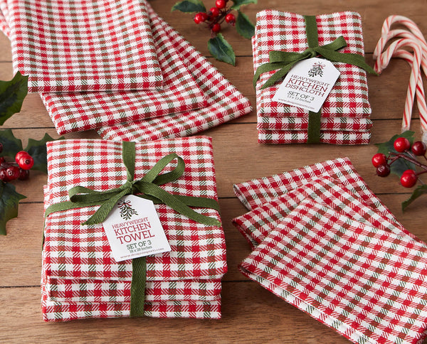 View of DII Design Imports Cranberry Red, Pine Green, and White Holiday Houndstooth Dishcloth & Dishtowel sets of 3