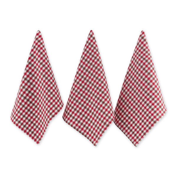 Hanging view of 3 Design Imports Cranberry Red, Pine Green, and White Holiday Houndstooth Dishcloths