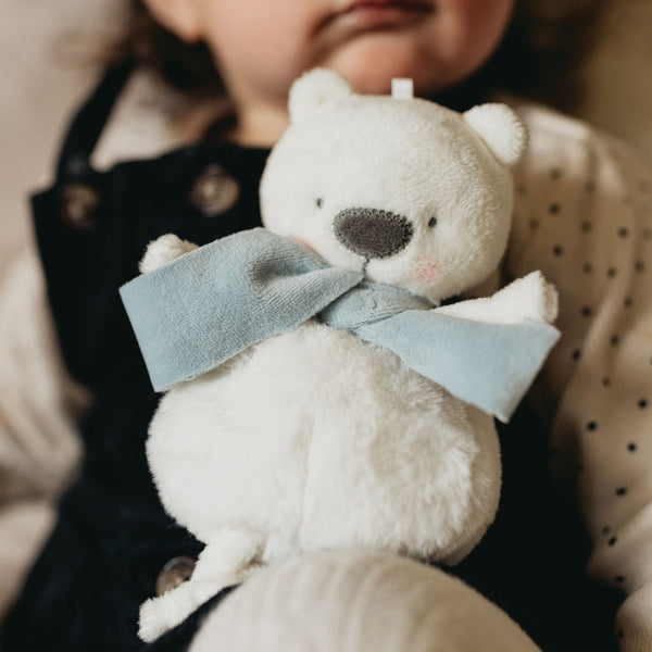 Alt View of Bunnies by the Bay Boris the Polar Bear Roly Poly Stuffed Animal in an Icy Blue Winter Scarf