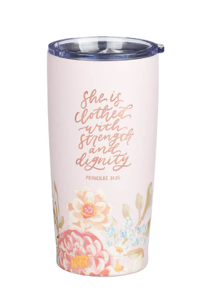 Prov 31:26 Pink Floral Travel Tumbler