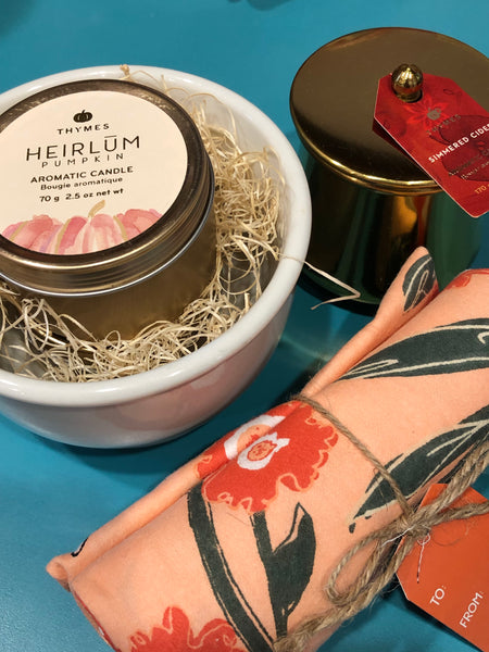 Thymes Pumpkin, and Simmered Cider Candles with Vintage Ironstone Yogurt Bowl, and Floral Kitchen Towel