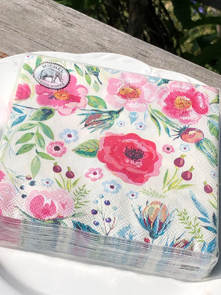 Pink, White, Green & Blue Floral Floral Paper Cocktail Napkins on Picnic Table