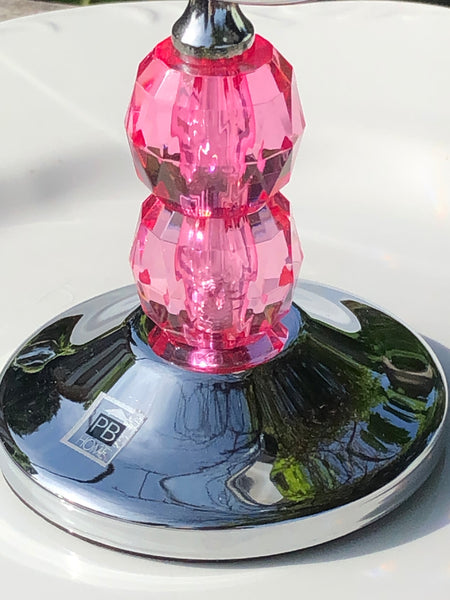 Close up Hot Pink Beaded Gem Mirror with metal base finish