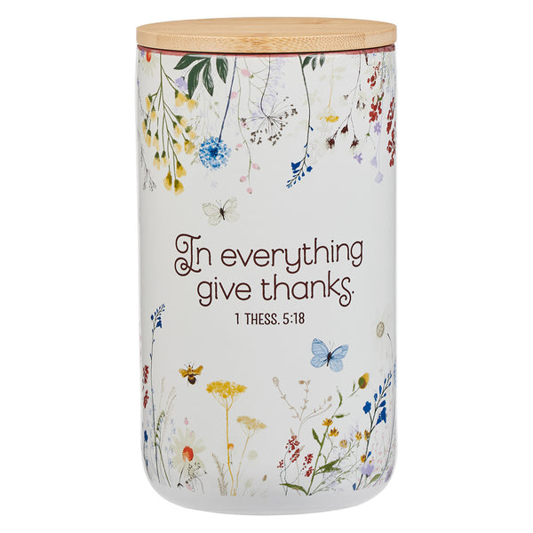 Lidded Ceramic Canister with Wildflowers & 1 Thess. 5:18