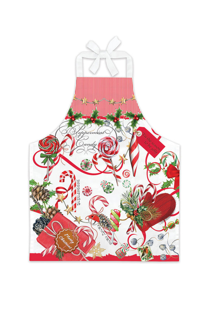 Michel Design Works Peppermint Child's Christmas Apron featuring candy canes, garlands, and holiday decor