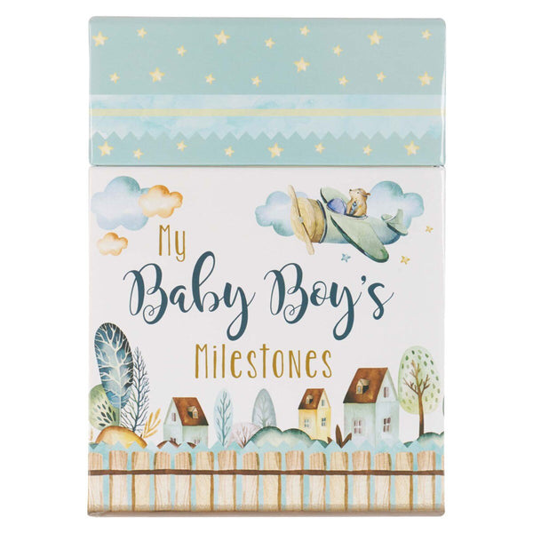 Baby Boys Milestones Card Box cover with Bear flying Airplane