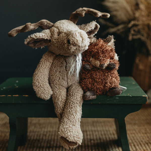 Bunnies by the Bay's Bruce the Moose Camp Cricket Stuffed Animal with Wee Foxy the Fox