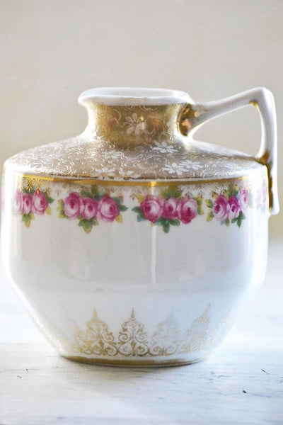 Vintage Porcelain Floral Jug with Embossed Gold Floral Detail