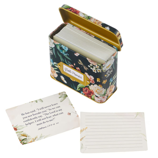Open Black Floral Tin with Promises Cards