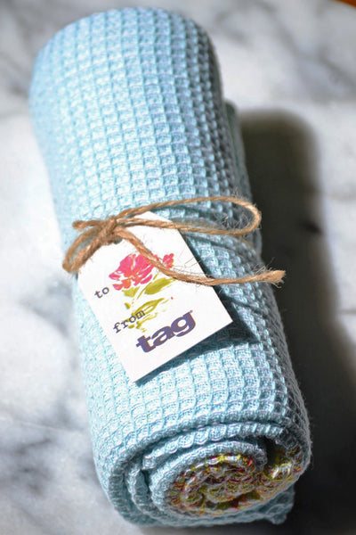Light Blue Waffle Kitchen Towel with Multicolor Edging