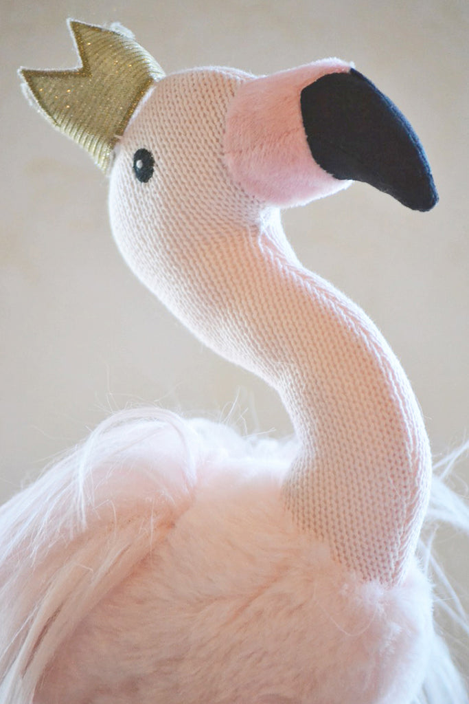 Knitted Flamingo Stuffed Animal with Gold Crown