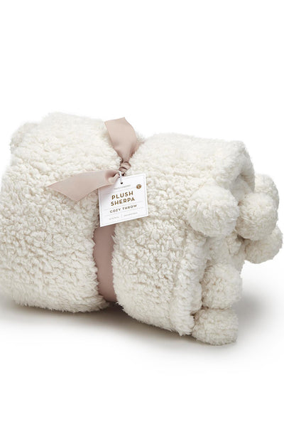 Plush Cream Throw with Big Pom Poms