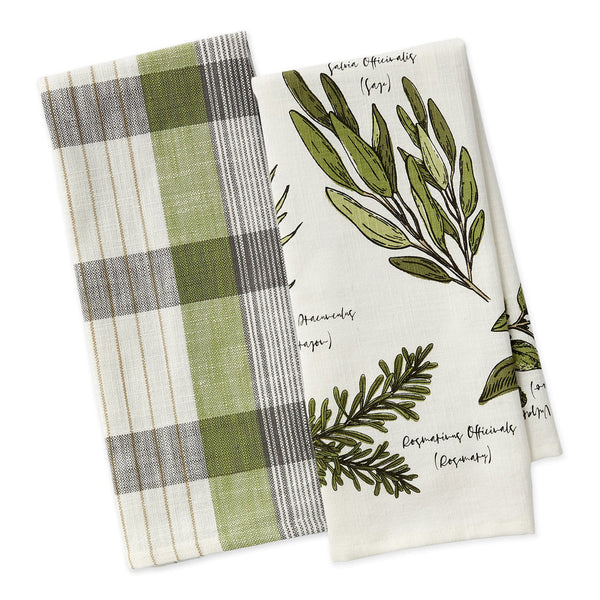 Close up view of Plaid & Herb Dish Towel Set