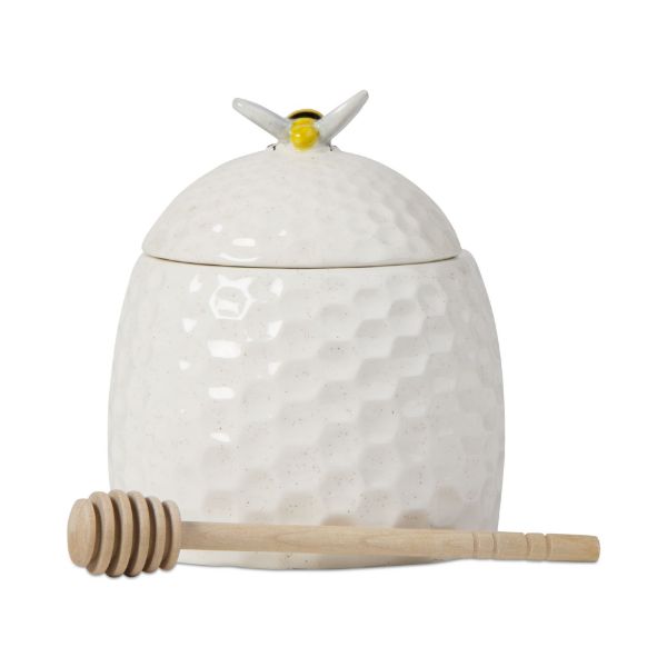 Close up Tag Antique White Earthenware Honey Pot w/ Bee on Lid and Wooden Dipper