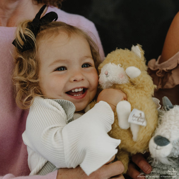 Toddler with Bunnies by the Bay Custard Yellow Wee Alley Cat Stuffed Animal Kitty