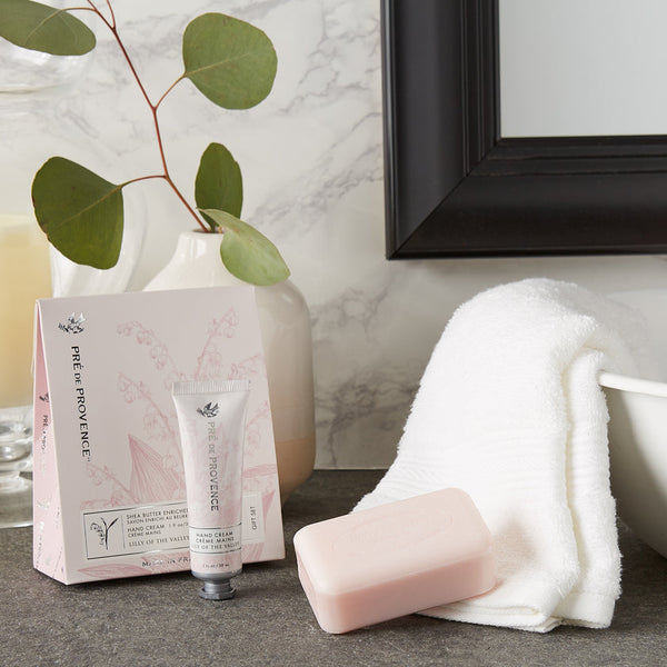 Pre de Provence Lily of the Valley Hand Cream, Soap, and Gift Box shown on Counter