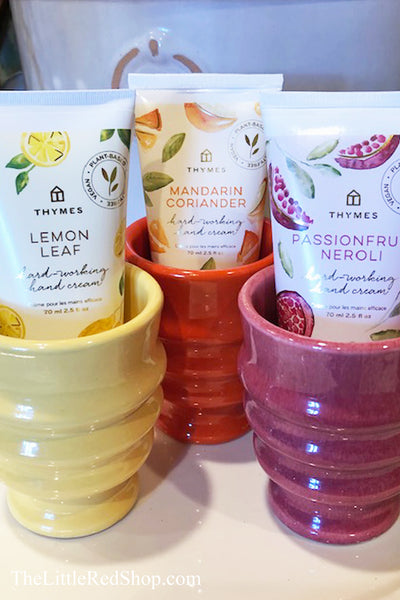 Thymes Hand Cream in Vintage Bauer Juice Glass Tumblers