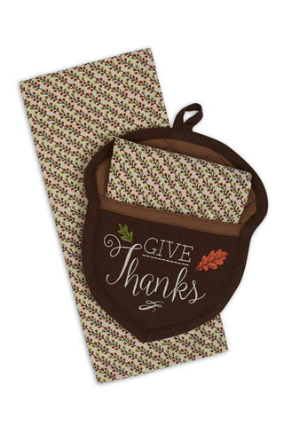 Give Thanks Brown Acorn Fall Potholder & Kitchen Towel Set