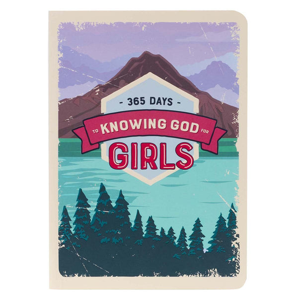 Close up ~ 365 Days Knowing God for Girls Paperback Devotional with Mountain Lake and Forest on Cover