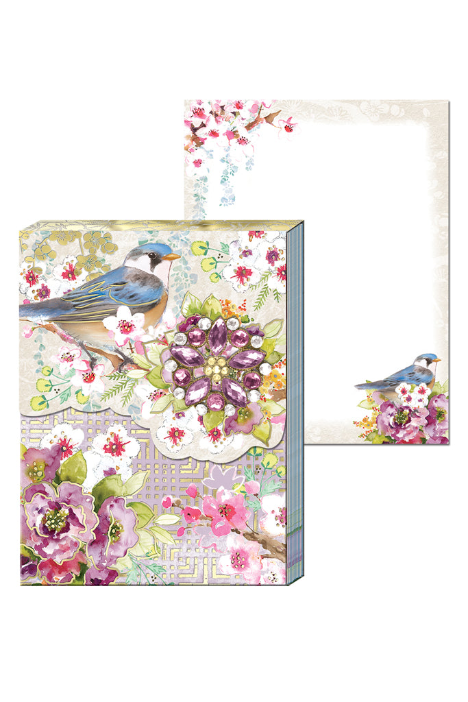 Chinoiserie Garden Brooch Mini Note Pad with Spring Blossoms and a Little Bird