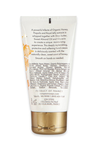 Back view of Pre de Provence Honey Hand Cream w/ ingredient list