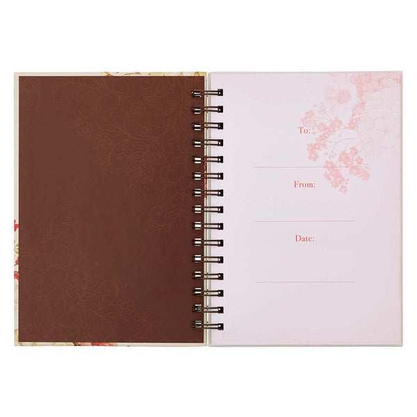 Presentation Page View with Peach Flowers and Dark Brown inside Cover