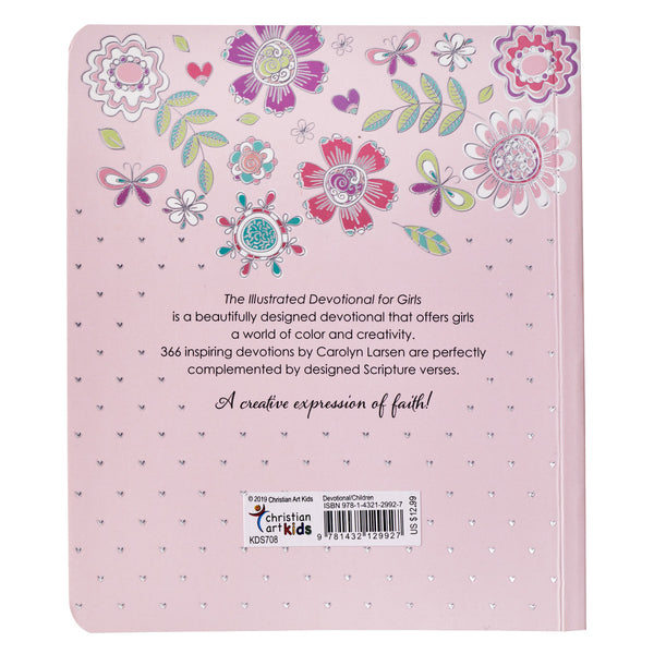 Back view of Pink Floral Girls Devotional feature colorful flowers, butterflies, and silver hearts