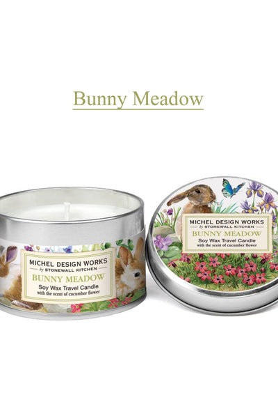 Michel Design Works Bunny Meadow Soy Wax Travel Candle w/ Rabbits, Spring Flowers and a butterfly