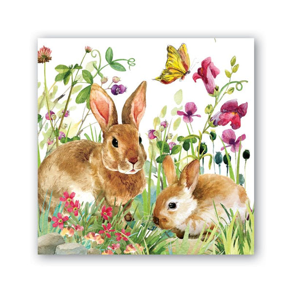 Close Up Michel Design Works Bunny Meadow Cocktail Napkins w/ Rabbits, spring flowers, and a butterfly