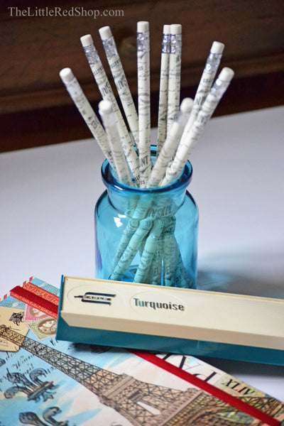 Vintage Aqua Glass Belgian Apothecary Jar Without Lid, with Paris Journal and Turquoise Pencil Case