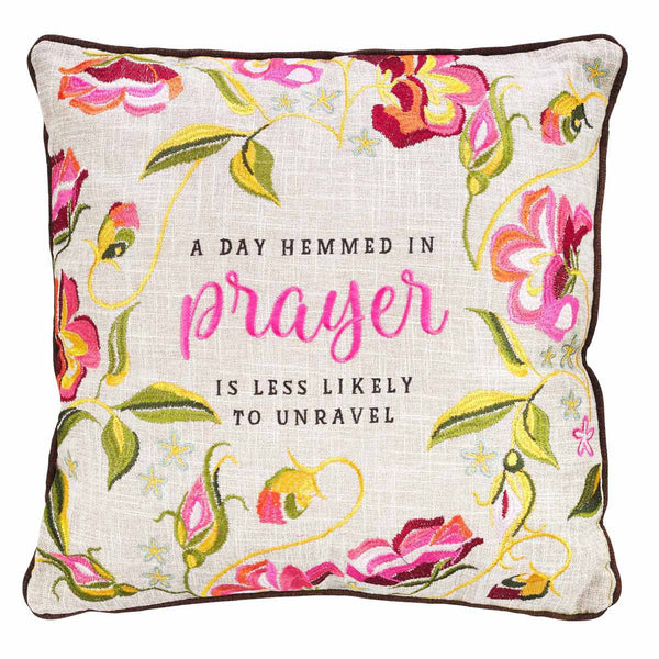 Embroidered Beige Pink Green Coral Floral Pillow