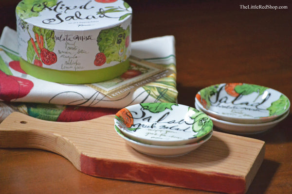Rosanna Mixed Salad Dipping Dish Set with Vintage Cutting Board and From My Garden Kitchen Towels