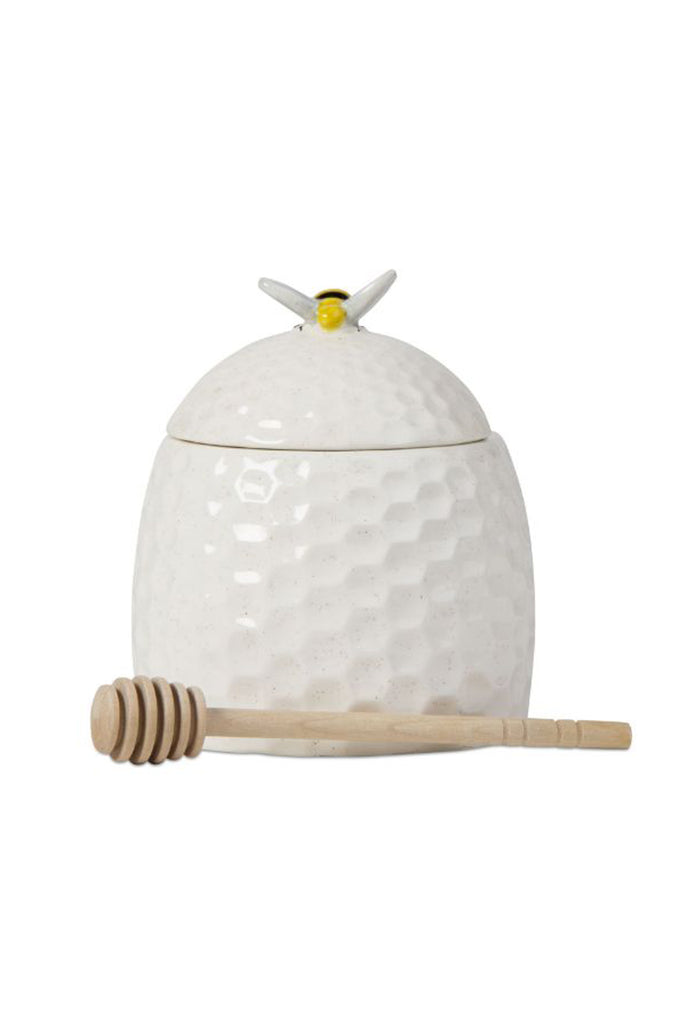 Tag Antique White Earthenware Honey Pot w/ Bee on Lid and Wooden Dipper