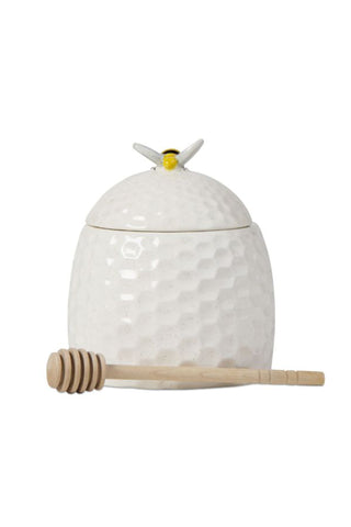 Tag Antique White Earthenware Honey Pot w/ Bee on Lid and Wooden Dipper