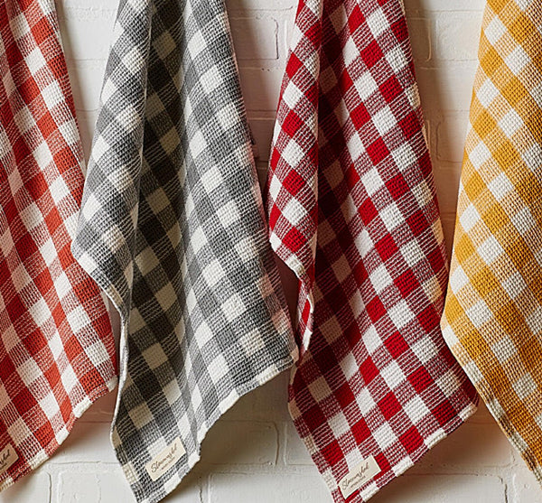 Ginger, Dove Gray, Red Cider and Butterscotch Checkered Waffle Stonewashed Dishtowels