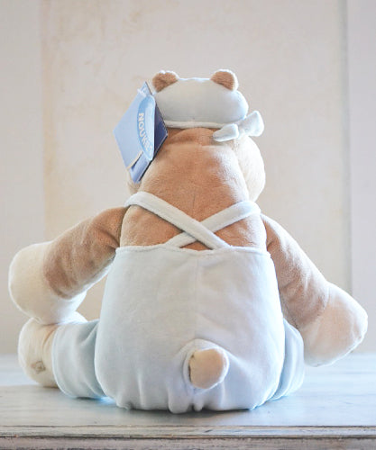 Back view of Hippolite the Hippo Belgian Stuffed Animal  in Baby Blue Velour Overalls