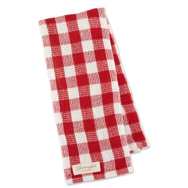 Close up red & white gingham check waffle Christmas kitchen towel