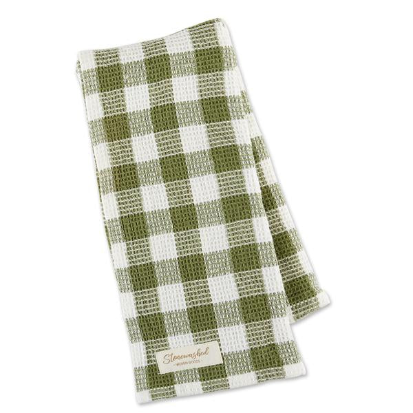 Green & Cream Gingham Check Waffle Dishtowel