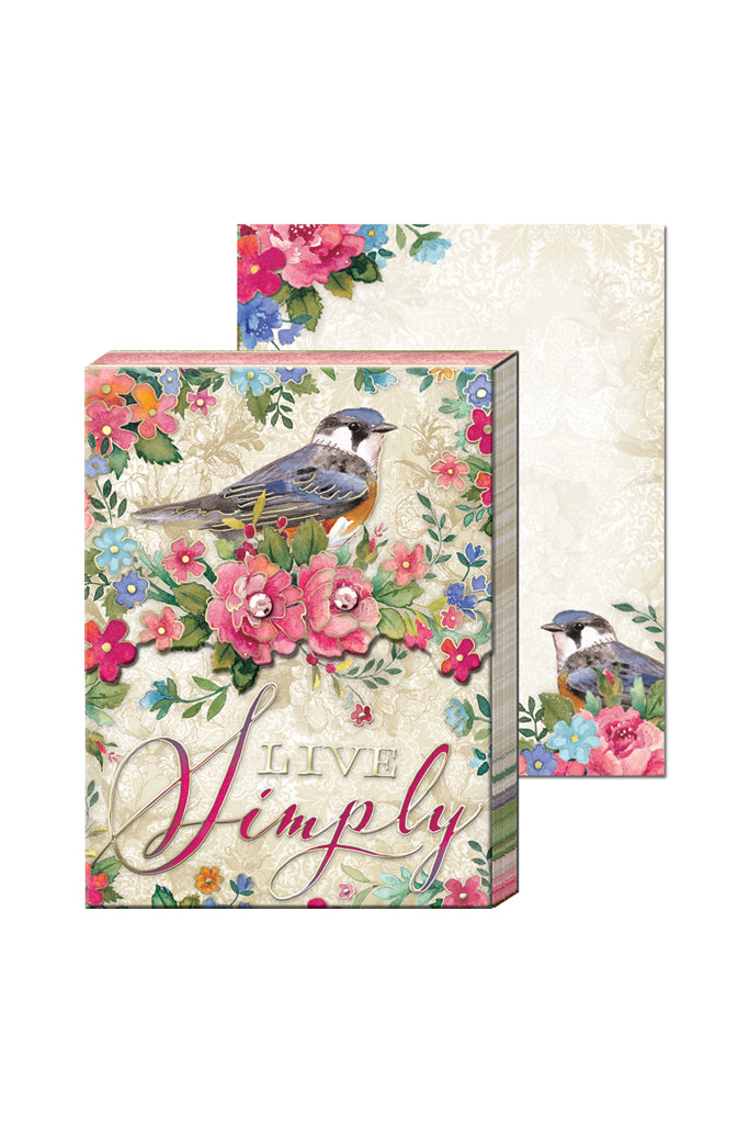 "Live Simply" Pocket Note Pad with Birds and Flowers