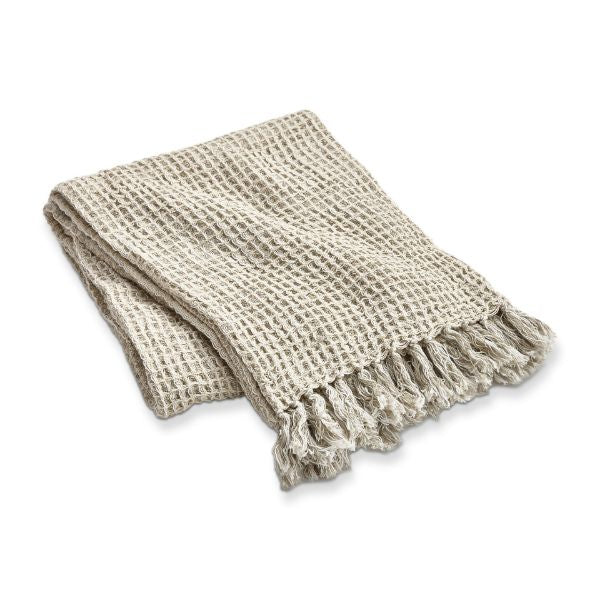 Folded Tag Ltd Beige Cotton Chambray Throw Blanket with Fringe