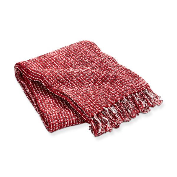 Tag Ltd Folded Red Waffle Weave Cotton Chambray Throw Blanket with Fringe