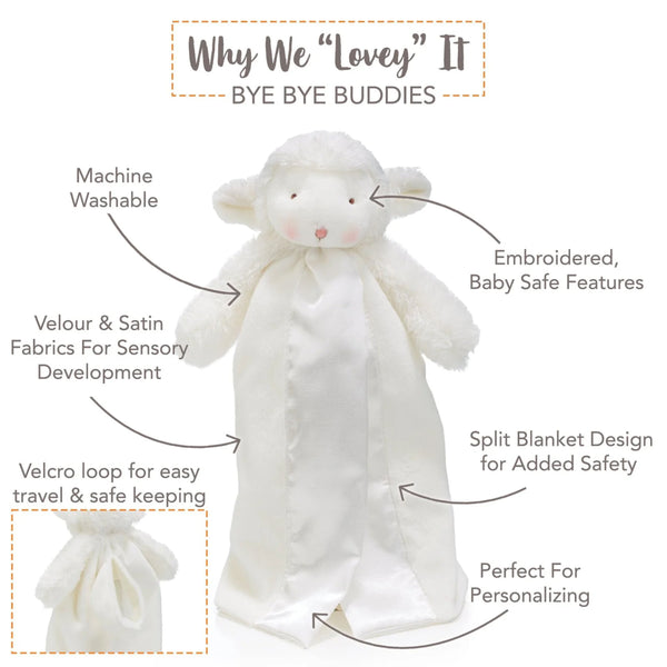White baby comfort blanket with lamb design and features listed on a white background