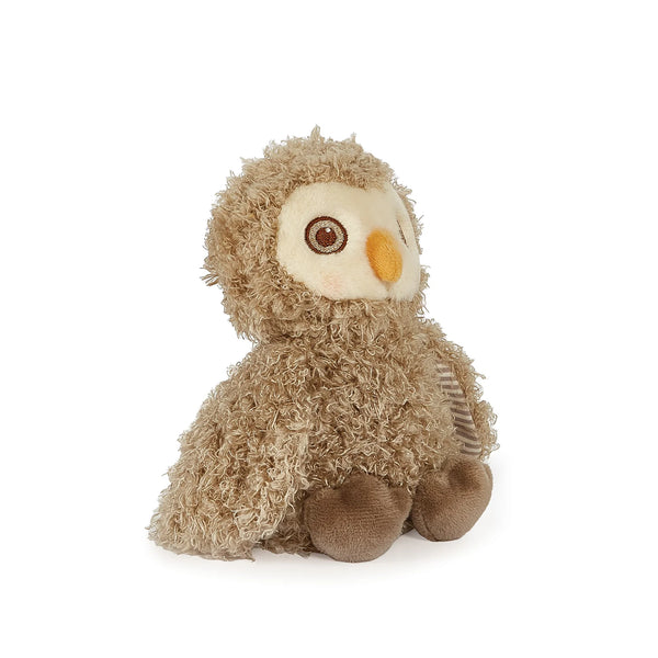 Plush owl toy with brown light feathers and a cream face 