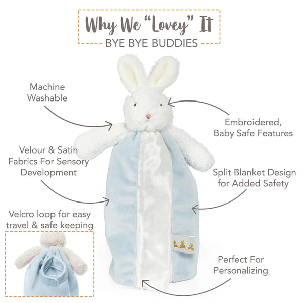 White bunny plush toy with blue blanket, features highlighted on a white background
