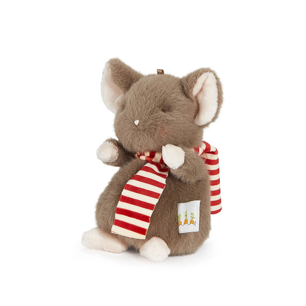 Plush mouse toy with a red and cream striped scarf on a white background